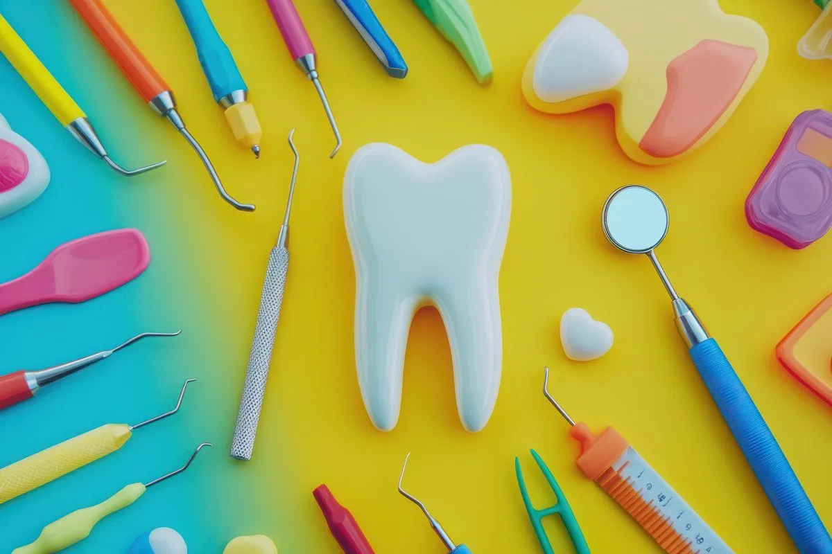 Colorful dental tools and large tooth model on bright background create cheerful atmosphere for child first dental visit Colorful dental tools and large tooth model on bright background create cheerful atmosphere for child first dental visit