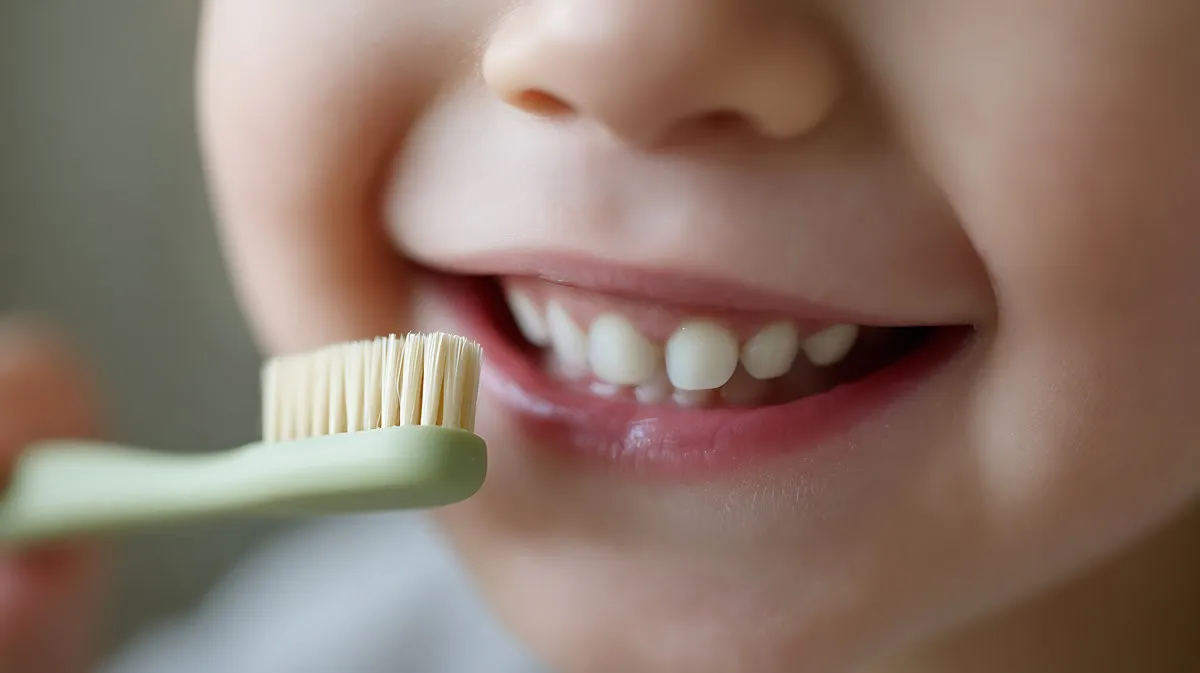 AdobeStock_1954569145 Closeup image of a happy young child's mouth and white teeth, holding a green toothbrush, focusing on oral hygiene and dental care for kids