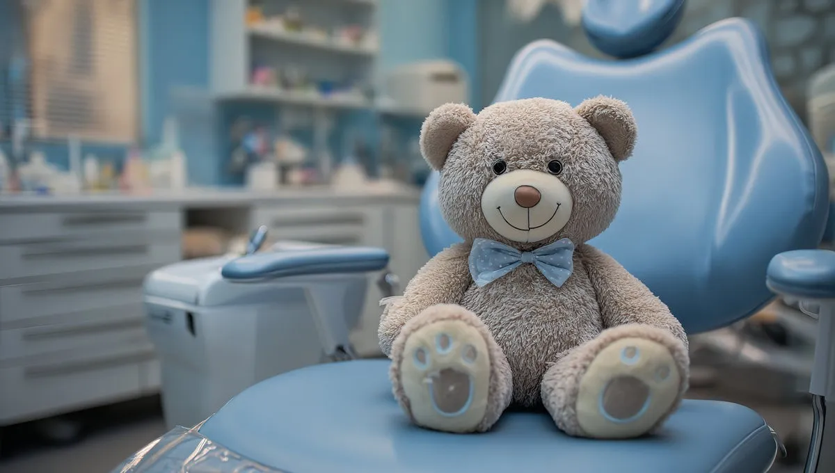AdobeStock_1997649969 A friendly stuffed animal rests on a light blue dentist chair within a clean and modern pediatric dental office featuring soft pastel colors and equipment