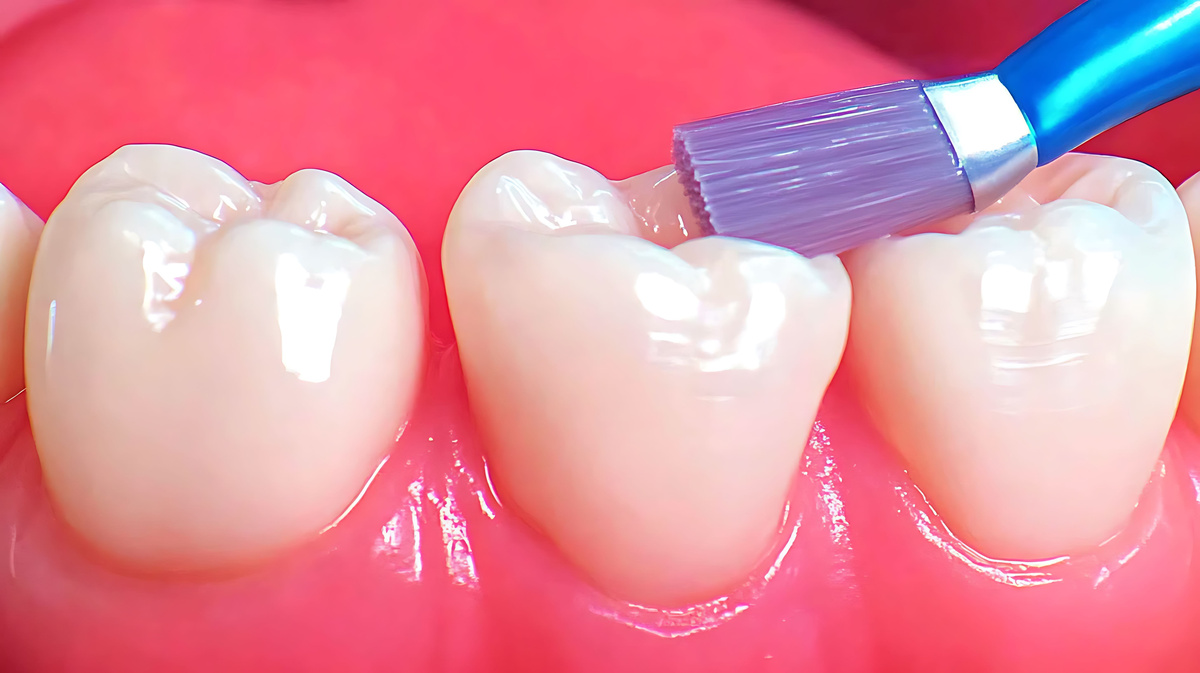 Closeup shot of a dentist applying sealant to teeth. Highquality image ideal for dental websites, brochures, and educational materials. Illustrates preventative dental care and healthy teeth.